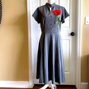 NWOT Unique Vintage - Large - Grey 1950s style Dress - Red Rose Appliqué